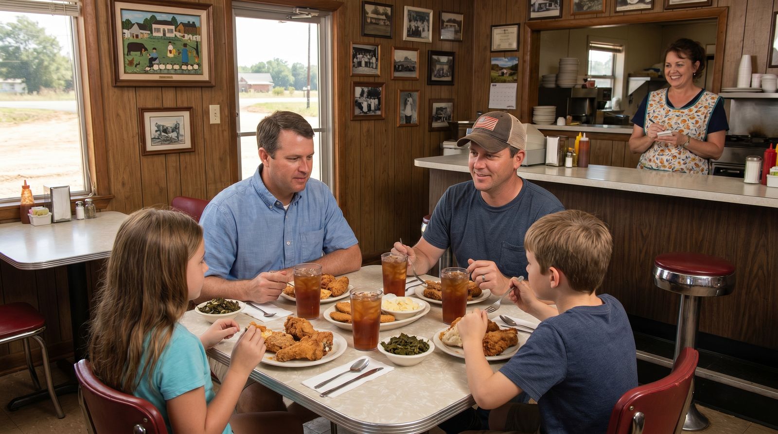 Family eating at a classic Southern roadside diner in Alabama, sweet tea and fried chicken on the table, road trip lunch stop