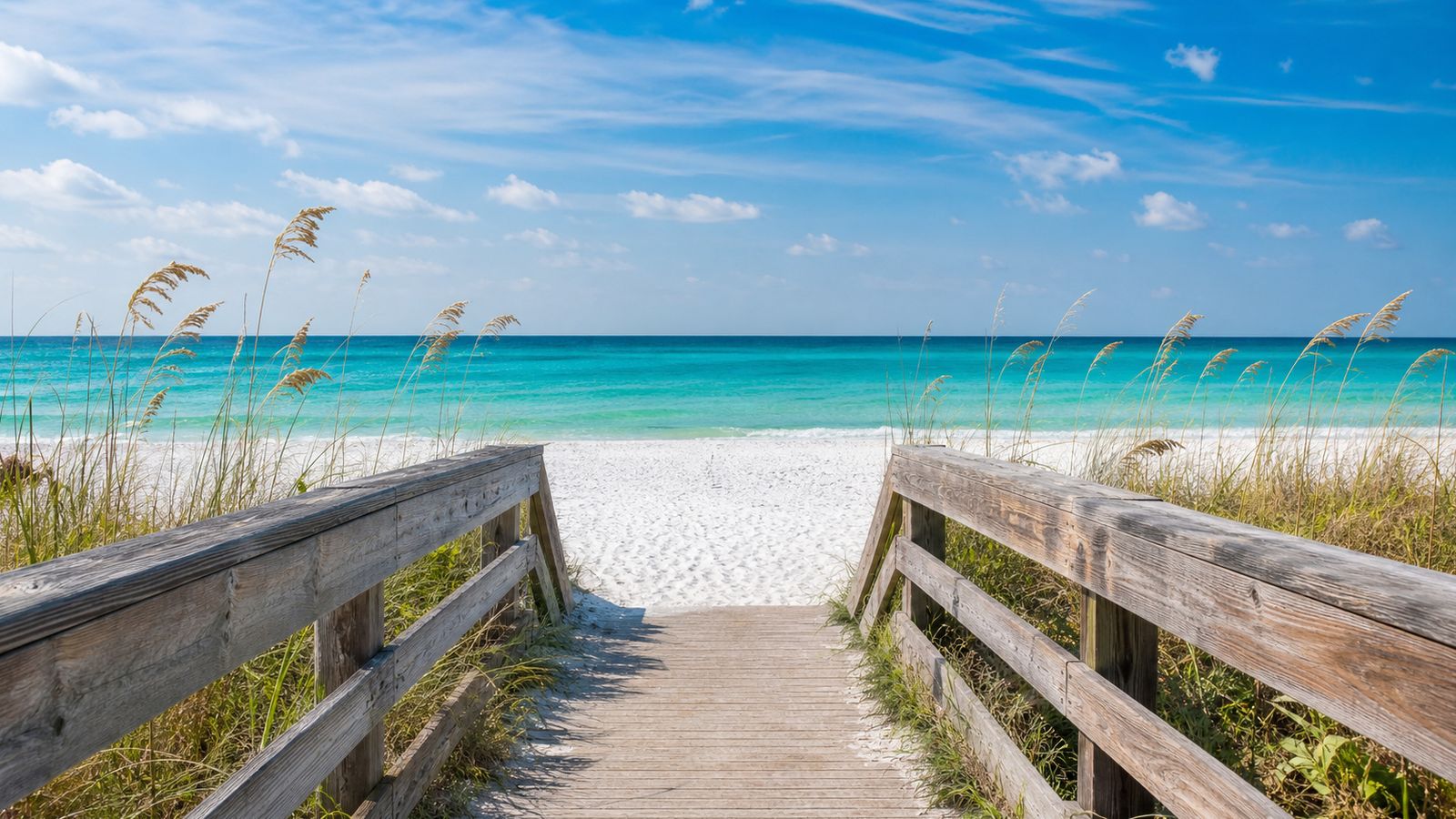First view of the emerald green Gulf of Mexico through a wooden beach boardwalk access path in Destin Florida, white sand and clear turquoise water ahead