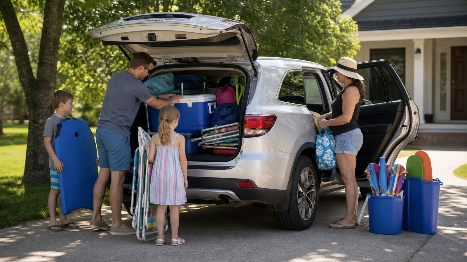 Family loading a packed SUV with beach chairs, large cooler, boogie boards, and bags in a suburban driveway on a sunny summer morning
