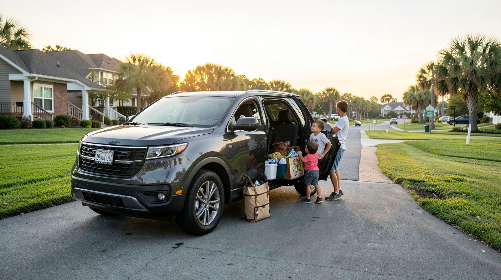 Family SUV being packed for a summer road trip at sunrise in a suburban driveway with beach bags and a child ready to leave