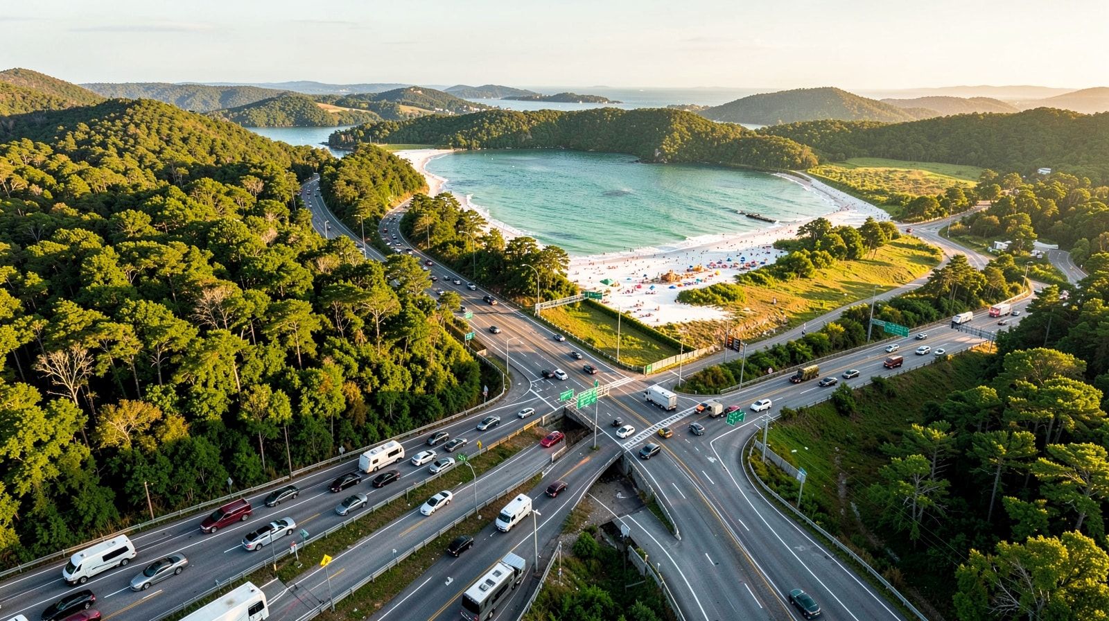 Aerial view of a major interstate highway junction where two routes diverge into dense summer forest and Appalachian foothills