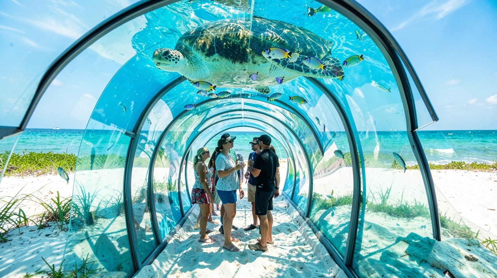 Visitors inside a glass aquarium tunnel with a sea turtle and tropical fish swimming overhead in glowing blue water