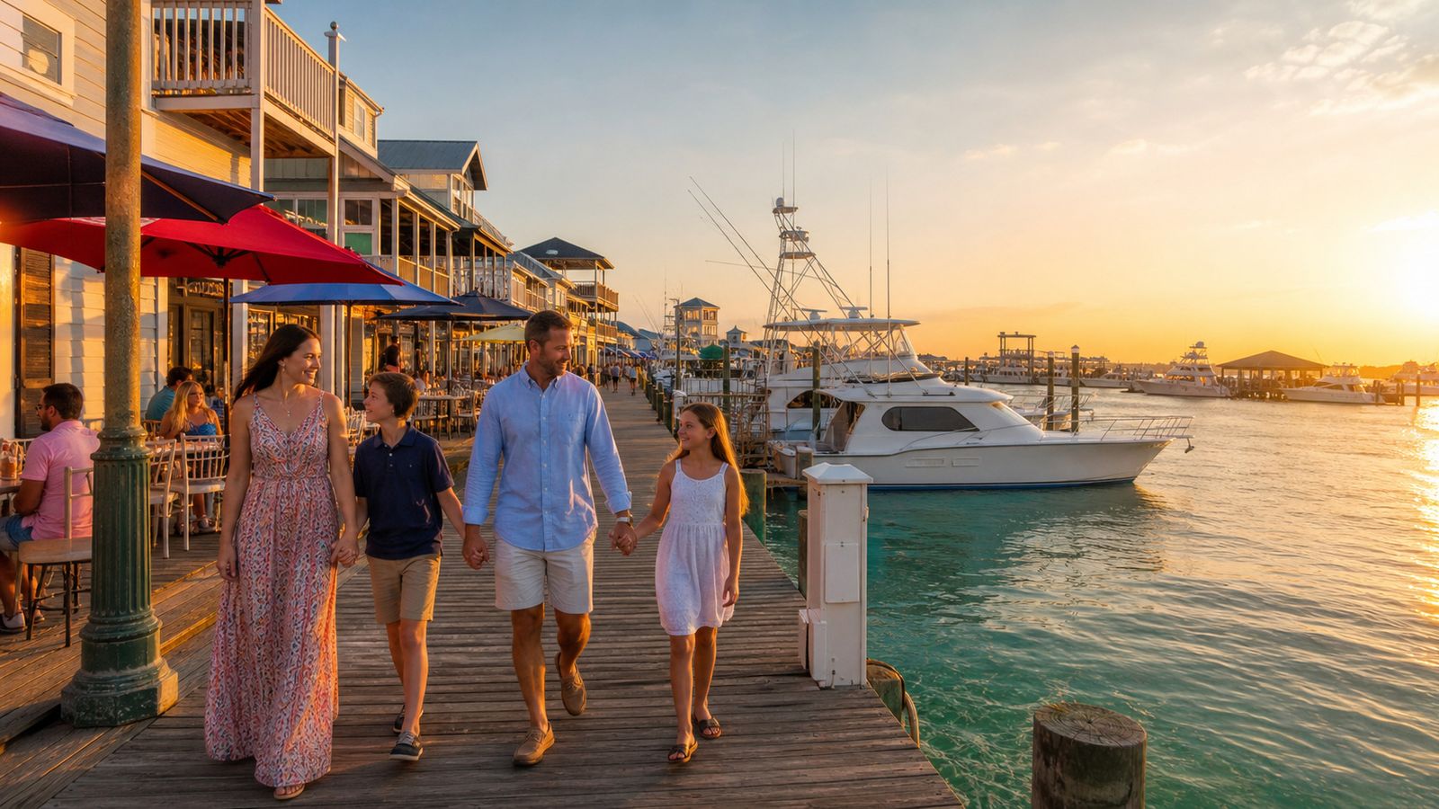 Destin Harbor at golden hour with charter boats, emerald water, and families walking the HarborWalk Village boardwalk