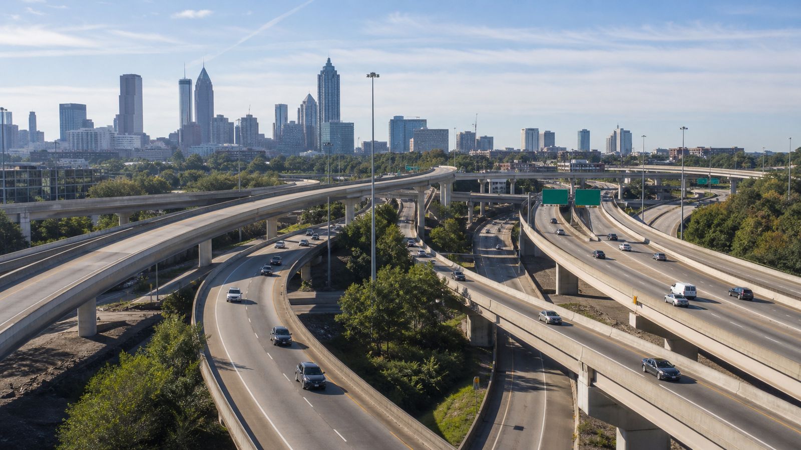 Atlanta freeway interchange with light mid-morning traffic and downtown skyline visible in the background