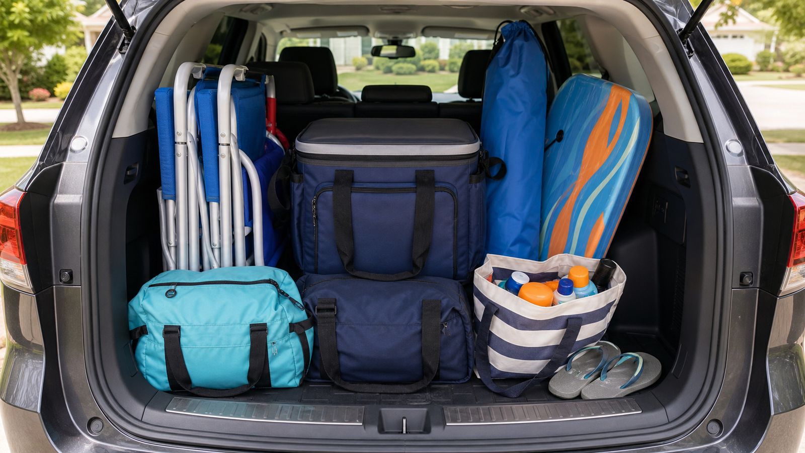 SUV cargo area packed neatly with beach chairs, umbrella, cooler, and beach gear for a family Florida road trip