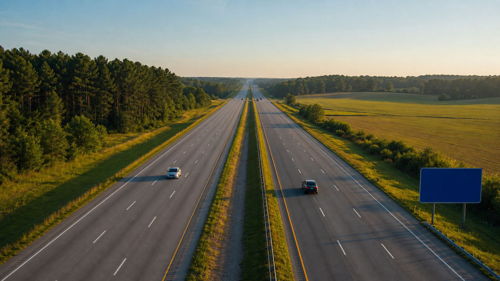 Interstate highway through Georgia farmland and pine trees on a clear summer morning