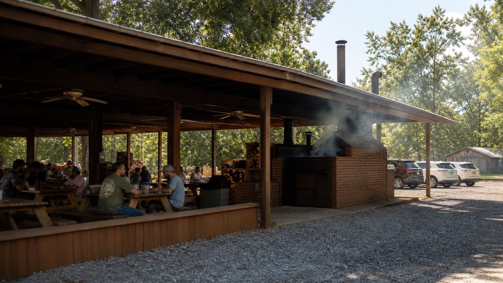 Rural Alabama BBQ smokehouse restaurant with outdoor picnic tables and a brick smoker producing hickory smoke