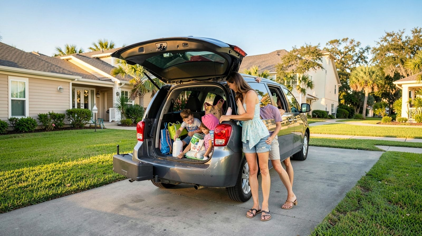 Family loading a minivan for a summer road trip in a suburban driveway at early morning with beach bags and luggage