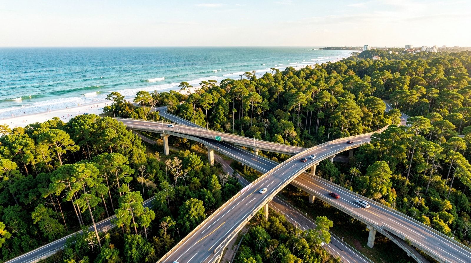 Aerial view of a major interstate highway interchange in the American South with sweeping ramps surrounded by dense green forest