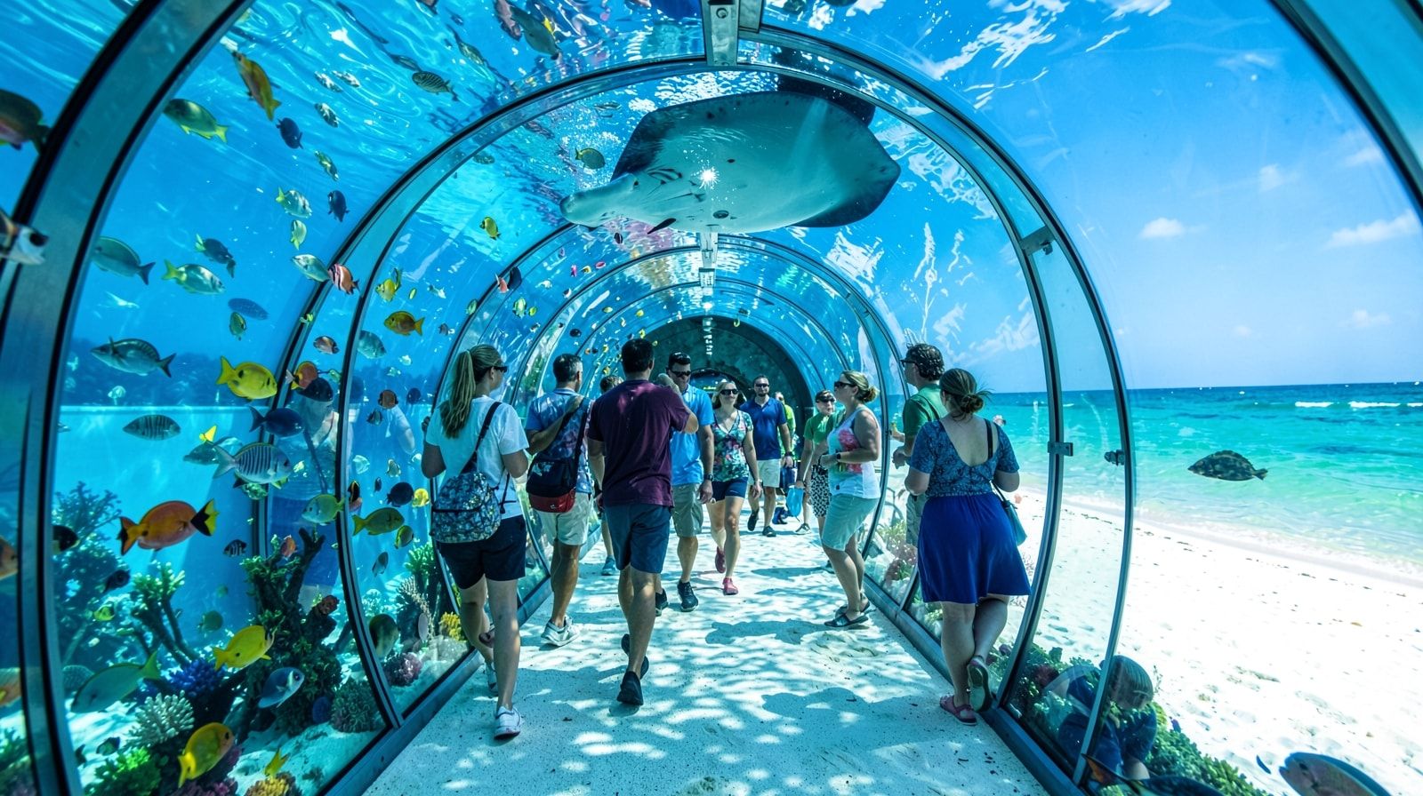Visitors walking through a glass aquarium tunnel with colorful fish and a stingray swimming overhead in blue illuminated water