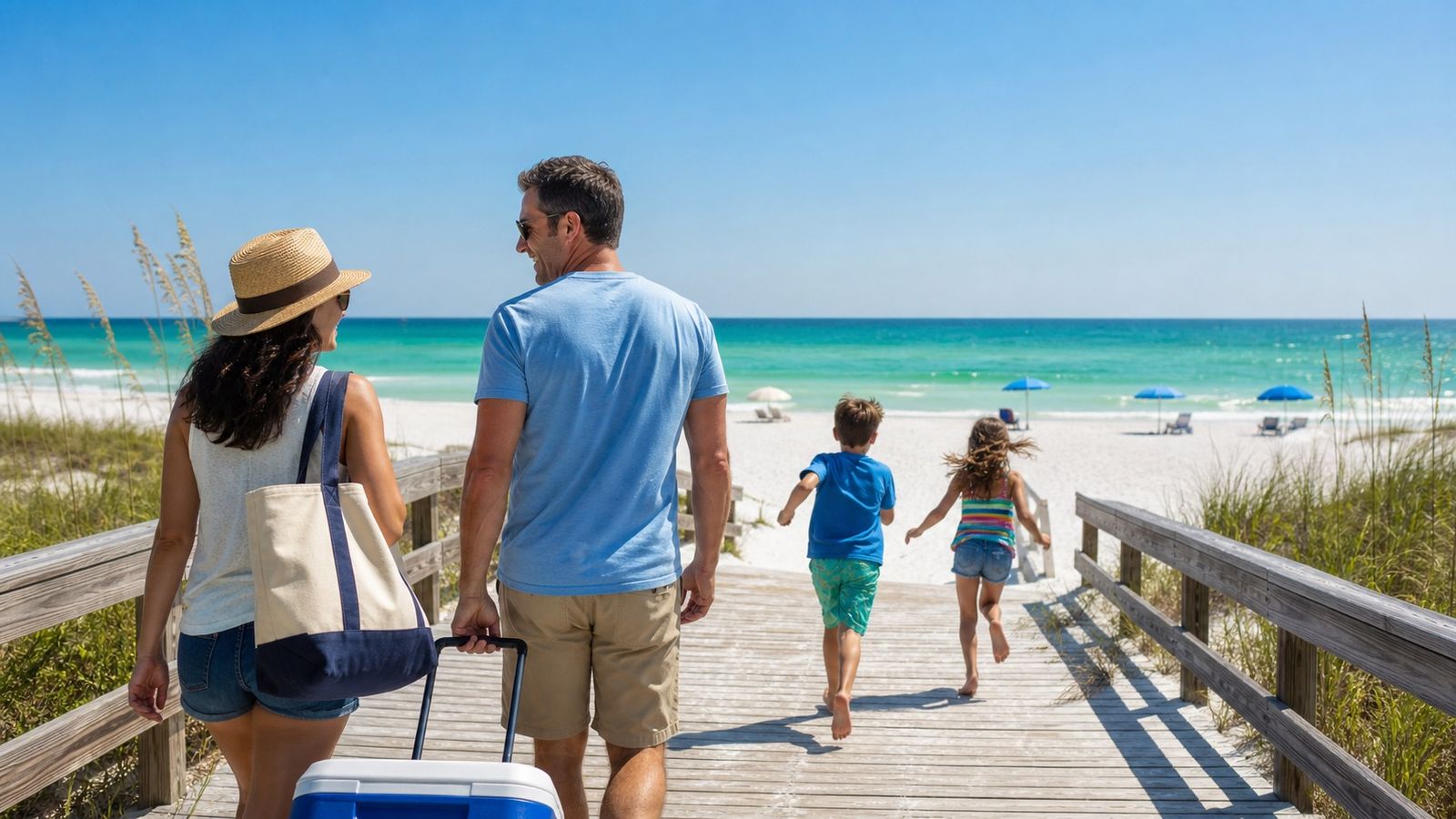 Excited family with two kids running toward the emerald Gulf of Mexico at a Florida Panhandle beach after arriving from a road trip