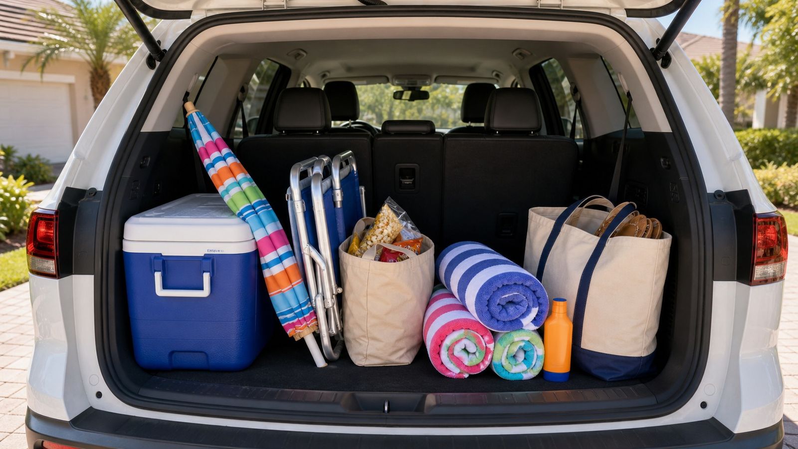 Organized SUV cargo area packed with cooler, beach umbrella, chairs, towels and sunscreen for a Florida road trip