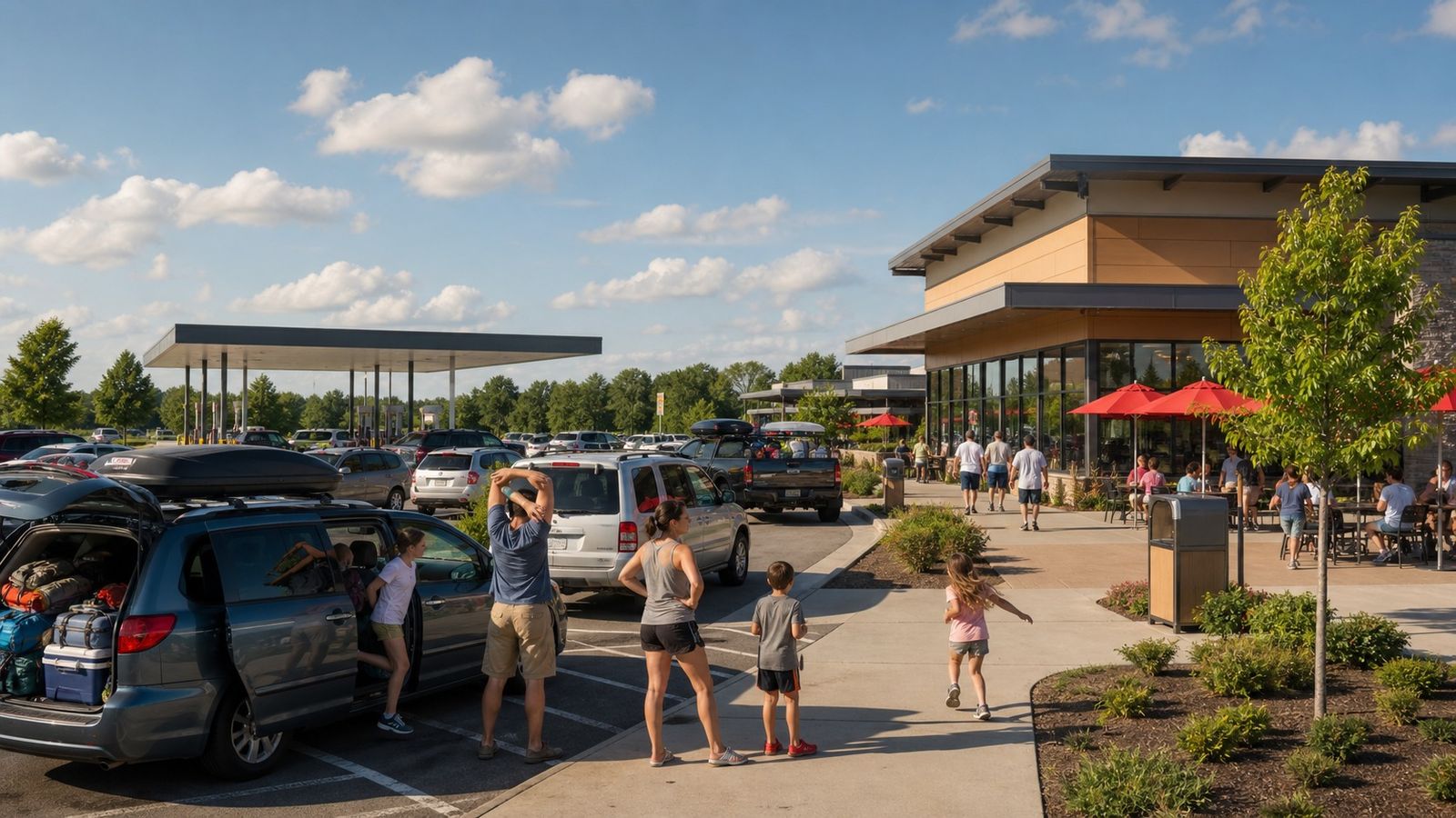 Families taking a break at a busy roadside restaurant and gas station stop on a Southern highway during a summer road trip