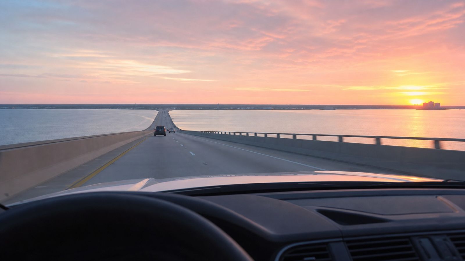 View from a car crossing a long bridge over a bay at sunrise, calm blue water below and the Gulf Coast shore visible ahead
