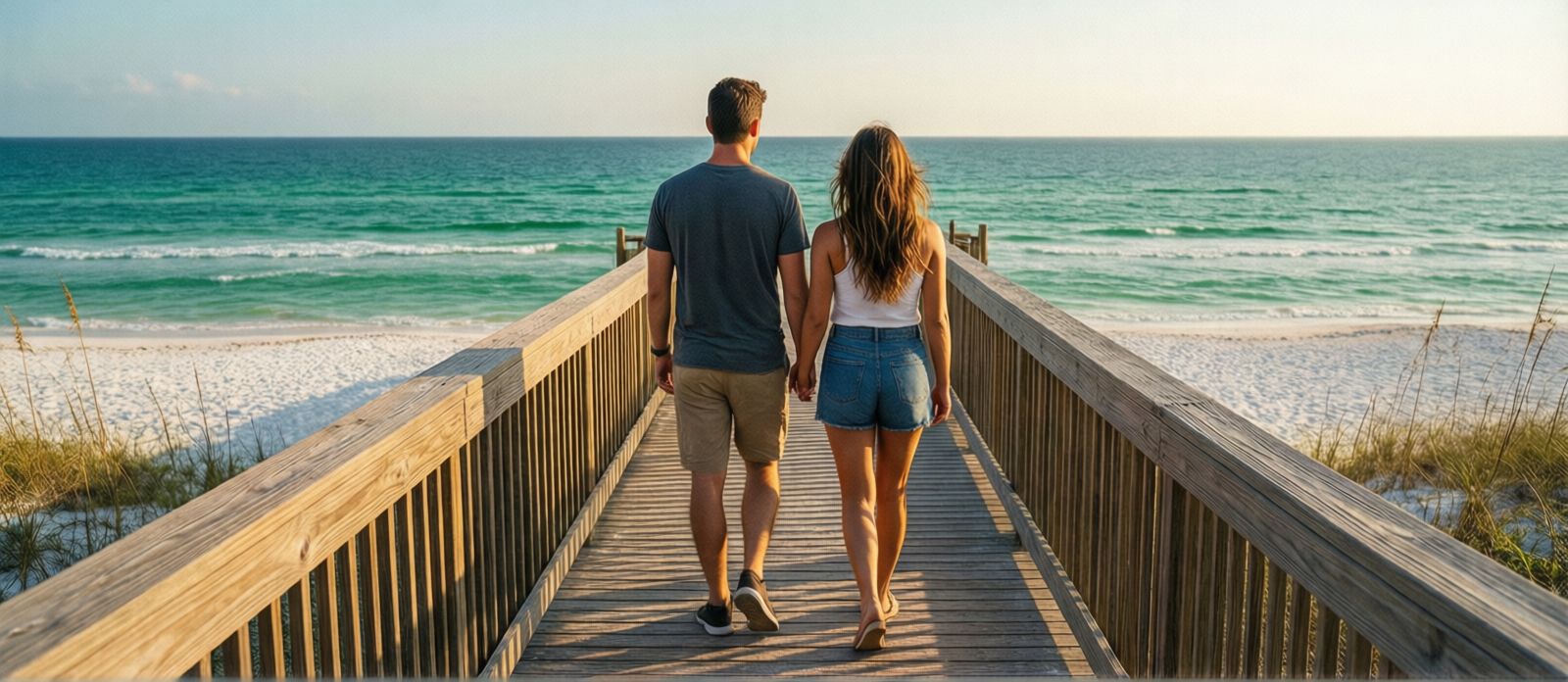 Couple walking down a wooden beach boardwalk at Destin Florida seeing the emerald green Gulf of Mexico ahead for the first time, white sand and turquoise water in both directions, late afternoon golden light