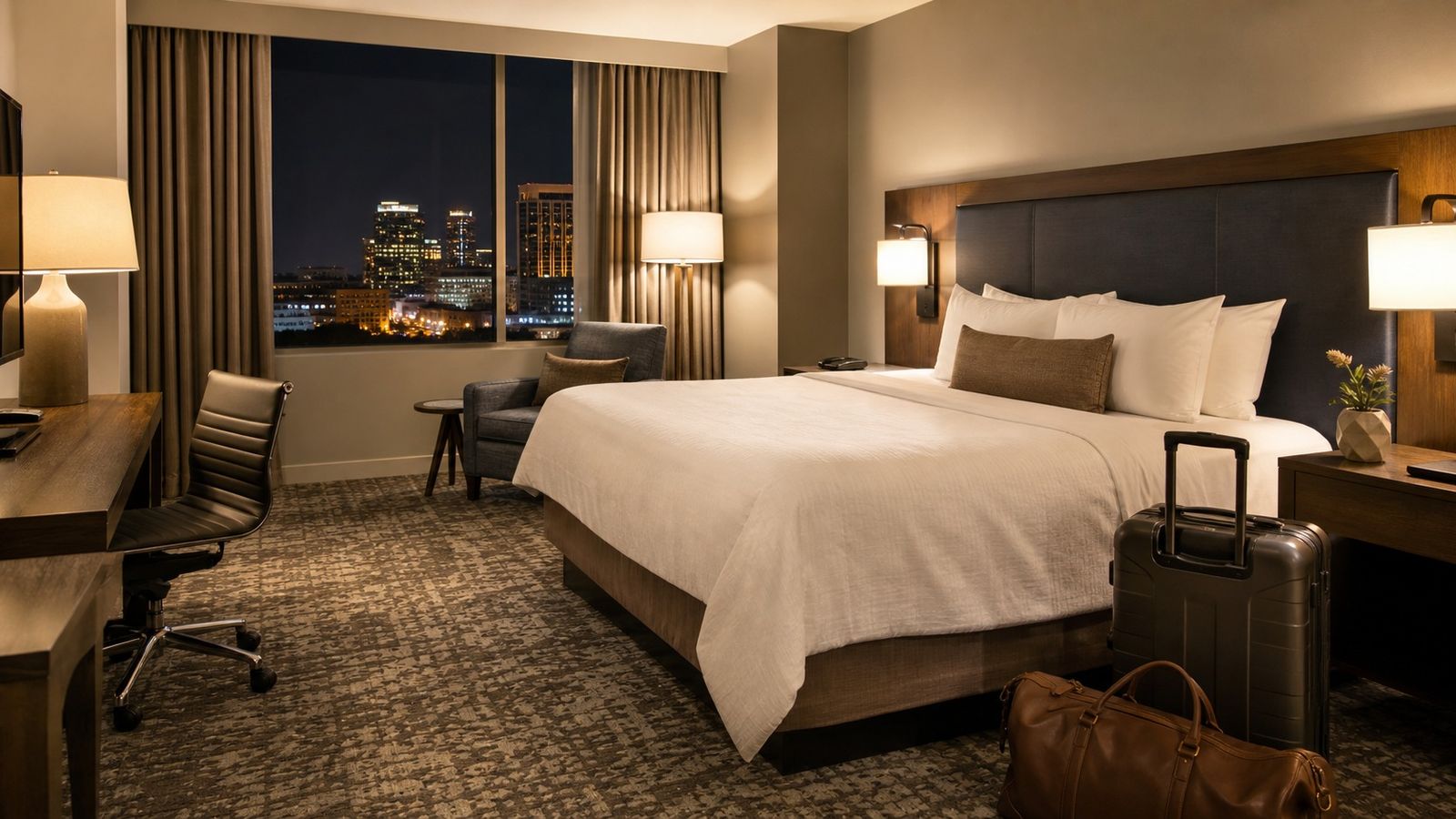 Comfortable hotel room in downtown Little Rock Arkansas at night, city lights visible through the window, road trip luggage beside the bed at the midpoint stop