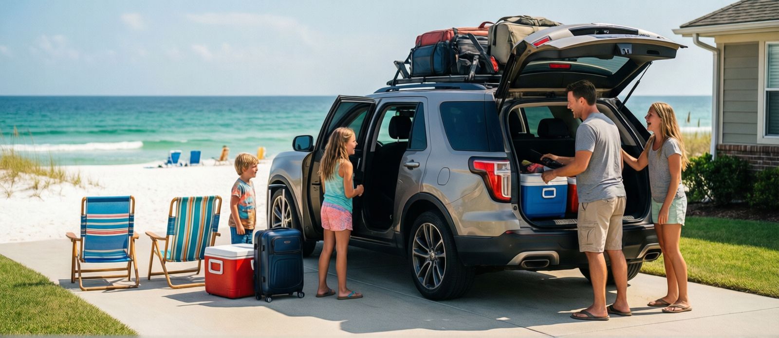 Family loading a packed SUV in a Kansas City suburban driveway with beach chairs, a cooler, and luggage, kids excited for a Florida road trip, summer morning sunshine