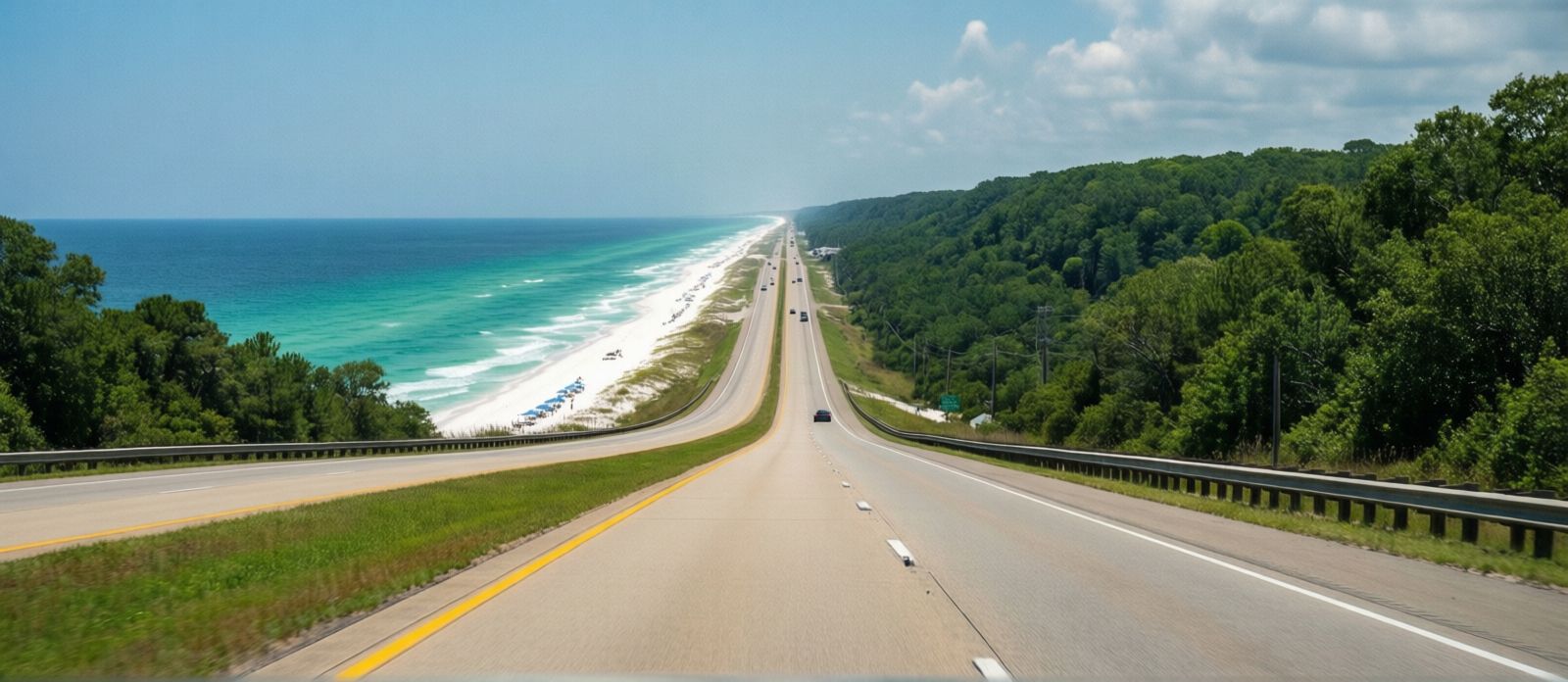 I-49 South interstate highway cutting through lush green Arkansas Ozark hills on a clear summer day, long straight road stretching toward the Gulf Coast