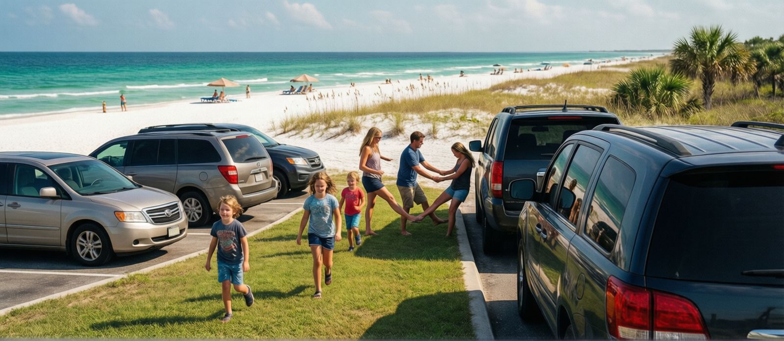 Families stretching their legs at a highway rest area in Alabama on a sunny summer afternoon, minivans and SUVs parked, kids running on the grass