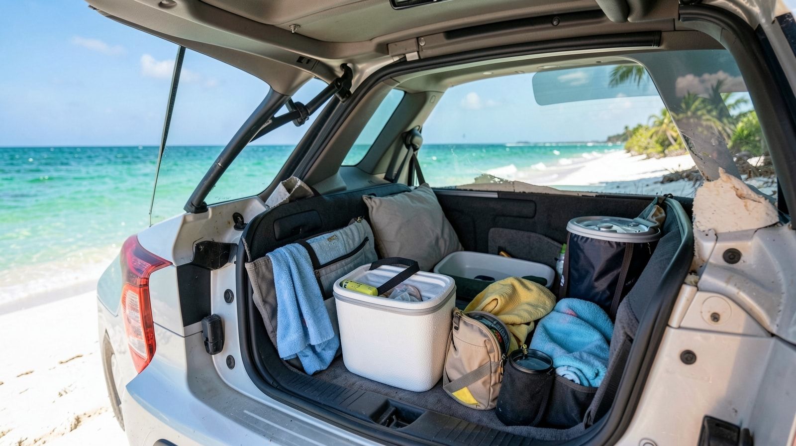 Car trunk neatly packed with soft cooler, beach towels, bags, and beach gear for a road trip