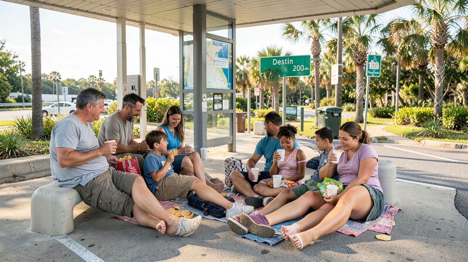 Family stretching legs at a rest stop on a Southern interstate with snacks and coffee