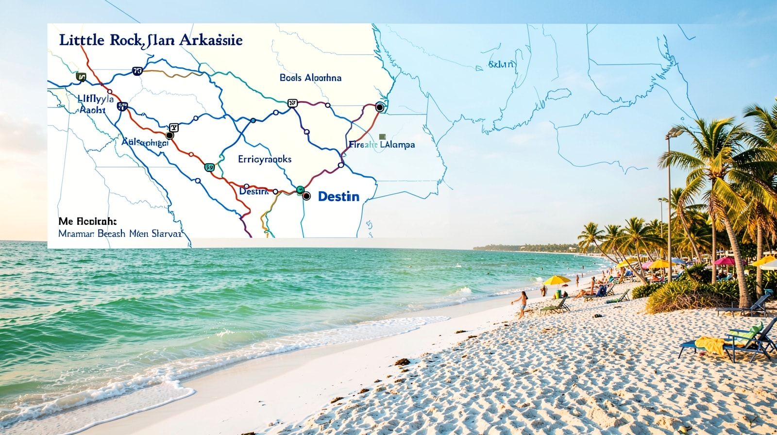 Map overview of the Little Rock Arkansas to Destin Florida drive route through Mississippi and Alabama