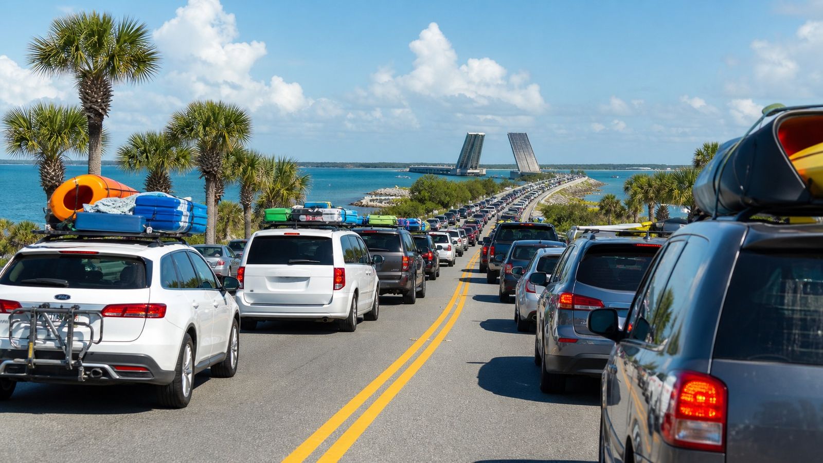 Summer beach traffic backed up on a Florida Panhandle coastal highway on a busy Saturday afternoon in July