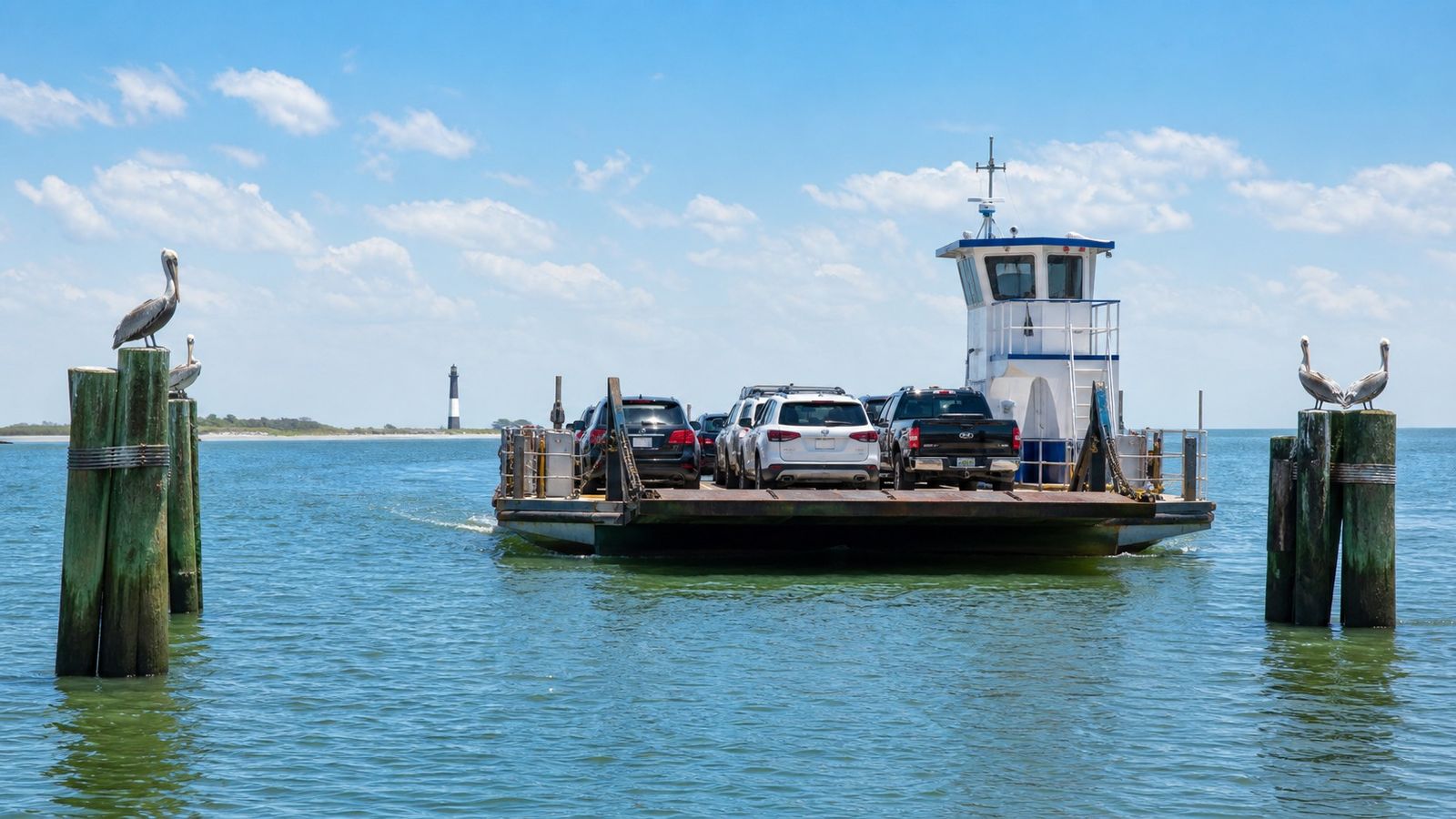 A small car ferry crossing Mobile Bay near Dauphin Island Alabama with vehicles on deck and a lighthouse visible in the distance