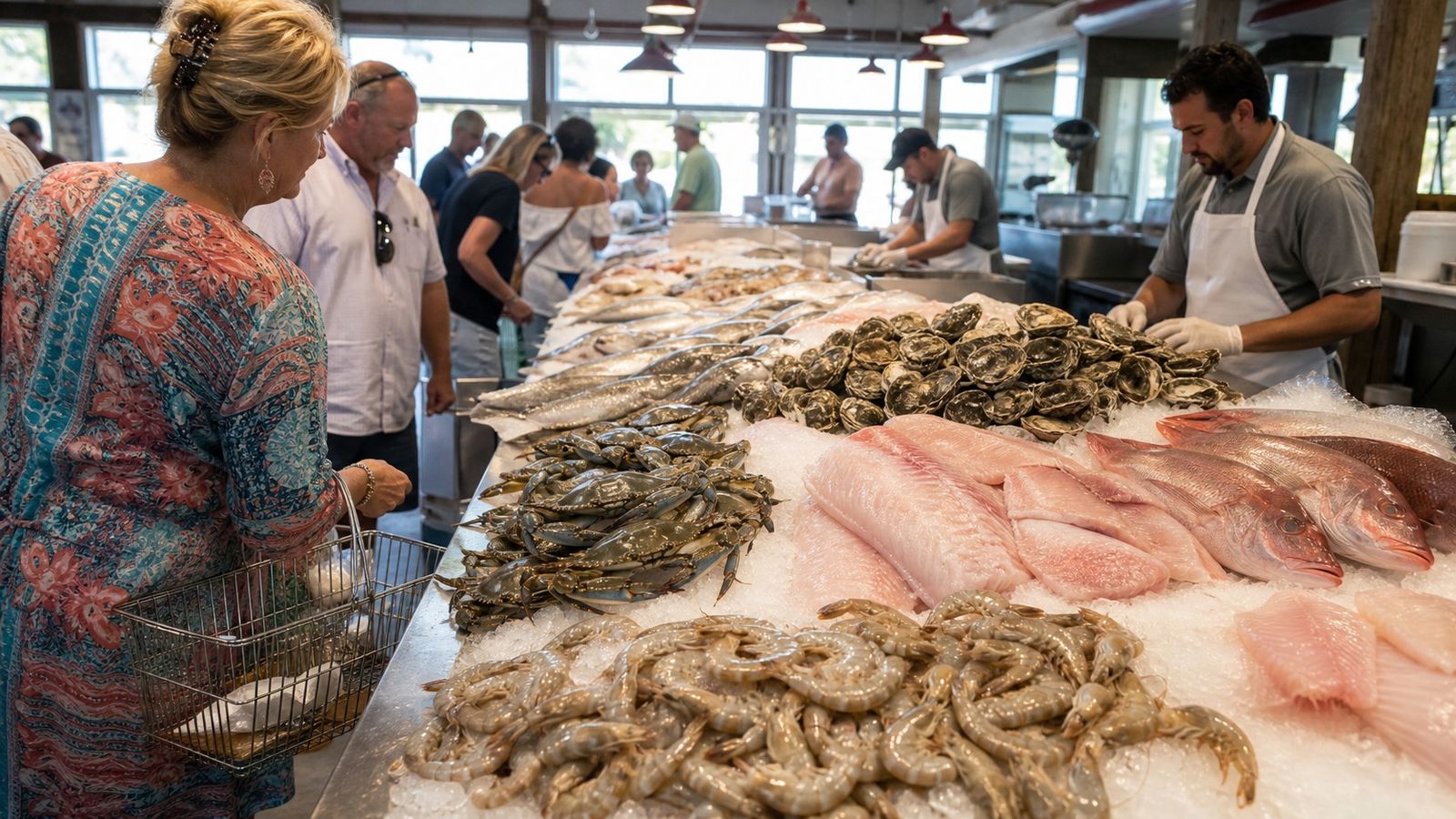 Interior of a Gulf Coast fresh seafood market with display cases overflowing with local Gulf shrimp, snapper, and oysters