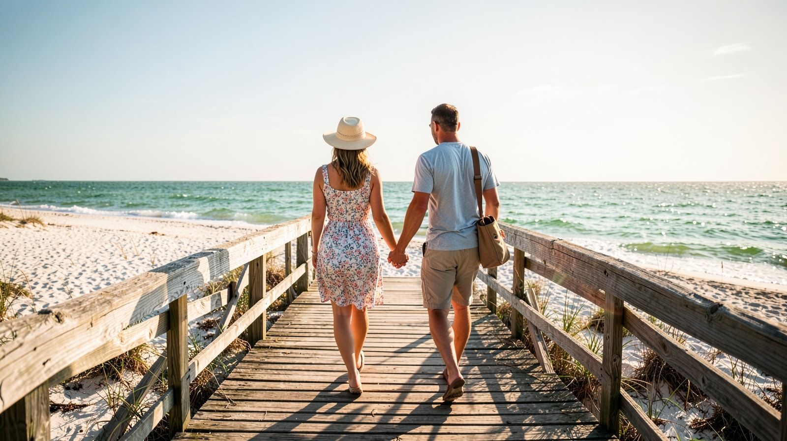 Couple walking toward the emerald Gulf water on a Destin beach access boardwalk