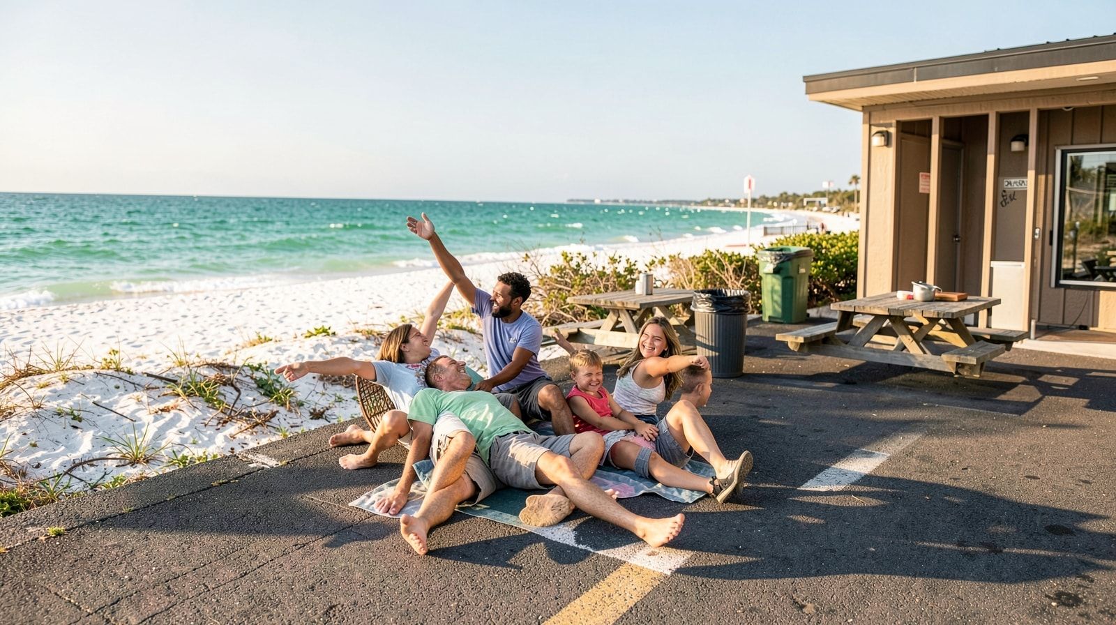 Family stretching at a roadside rest area during a drive through the Florida Panhandle