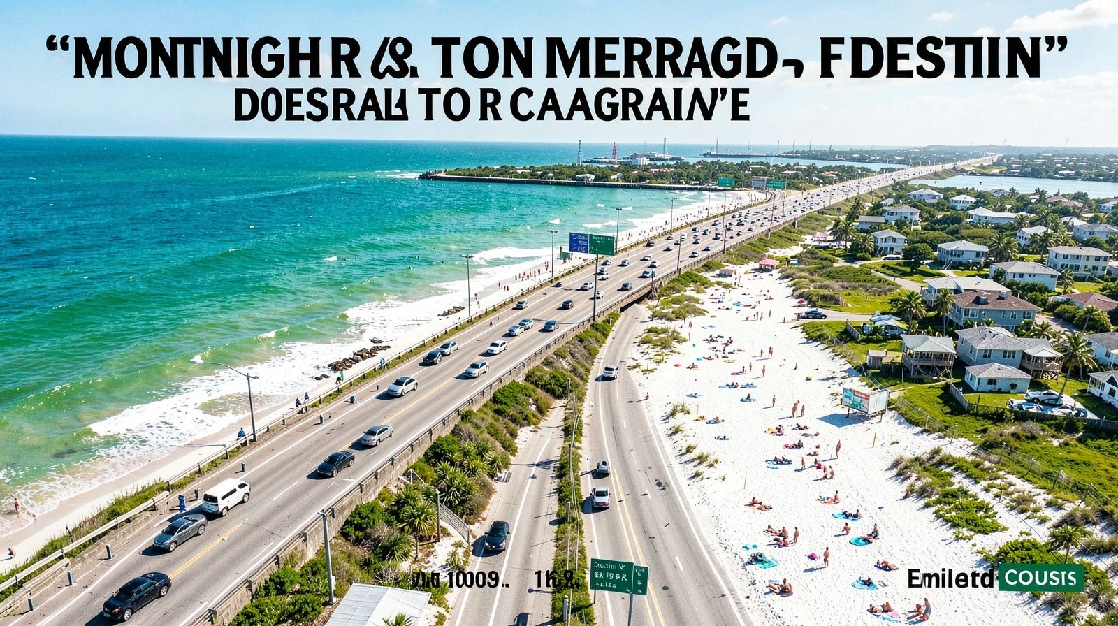 Aerial view of busy coastal highway near the Gulf Coast during peak summer season