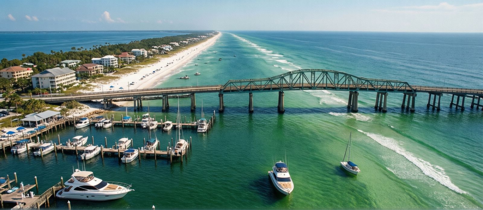 Aerial view of Destin Harbor with charter boats, emerald Gulf water, and the Marler Bridge on a clear summer afternoon