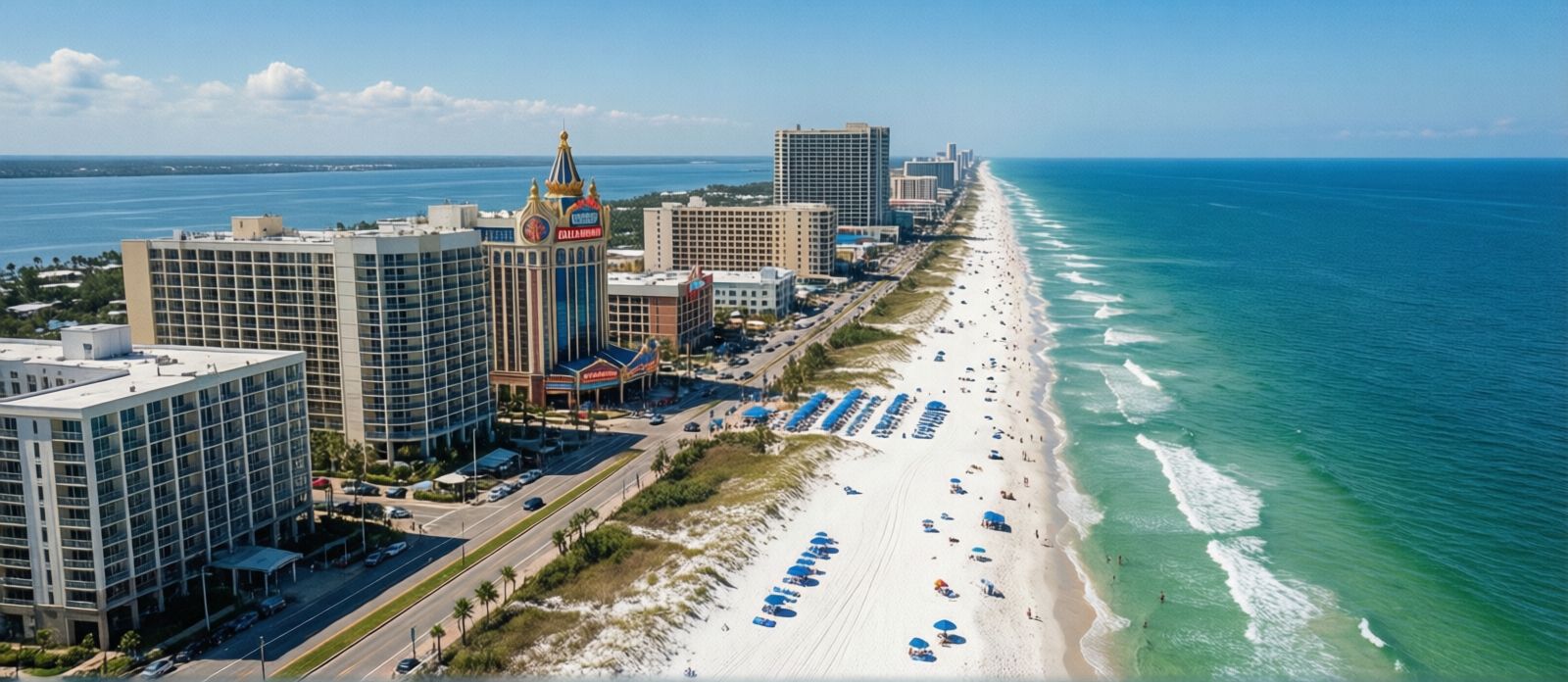 Biloxi Mississippi casino strip and beachfront along US-90 with blue Gulf waters visible beyond on a sunny day