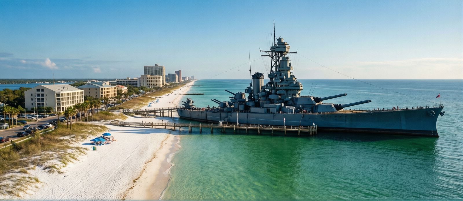 Downtown Mobile Alabama waterfront and USS Alabama battleship at Battleship Memorial Park on a clear sunny afternoon