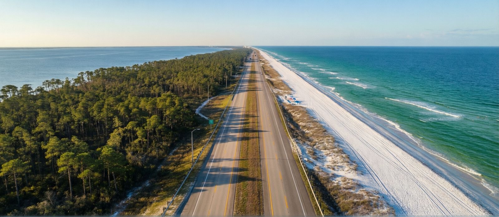 I-10 highway stretching east through coastal Louisiana pine flatlands toward the Florida Panhandle on a clear morning