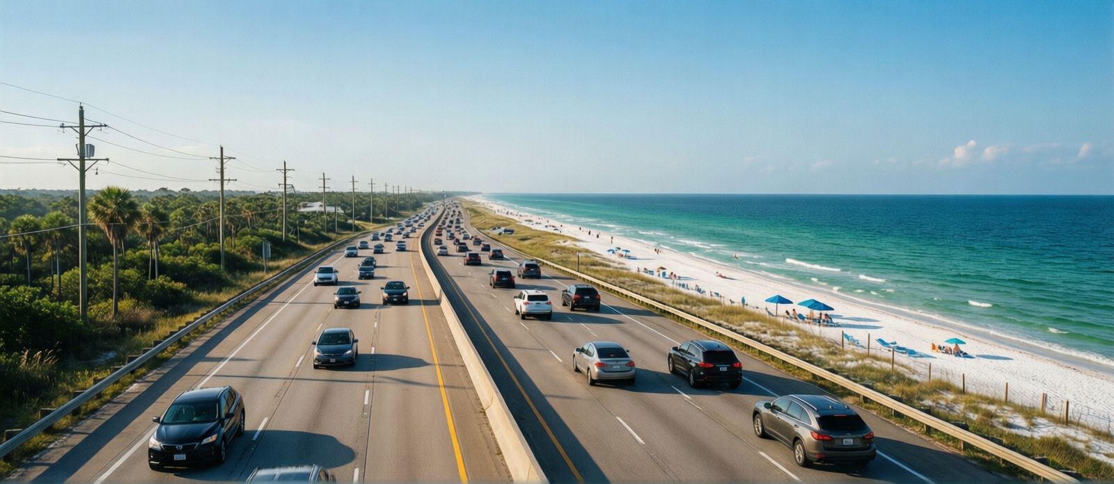 Open highway on I-10 heading east through coastal Alabama in light summer morning traffic with clear blue sky