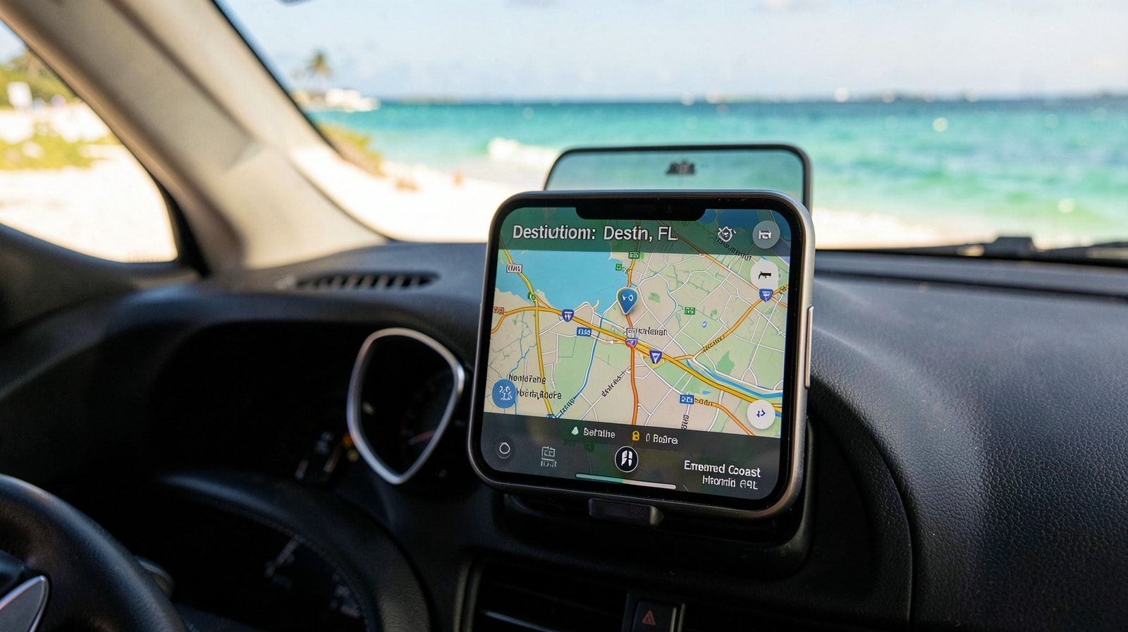 Car dashboard with a GPS navigation route displayed on a phone mount during a long summer road trip