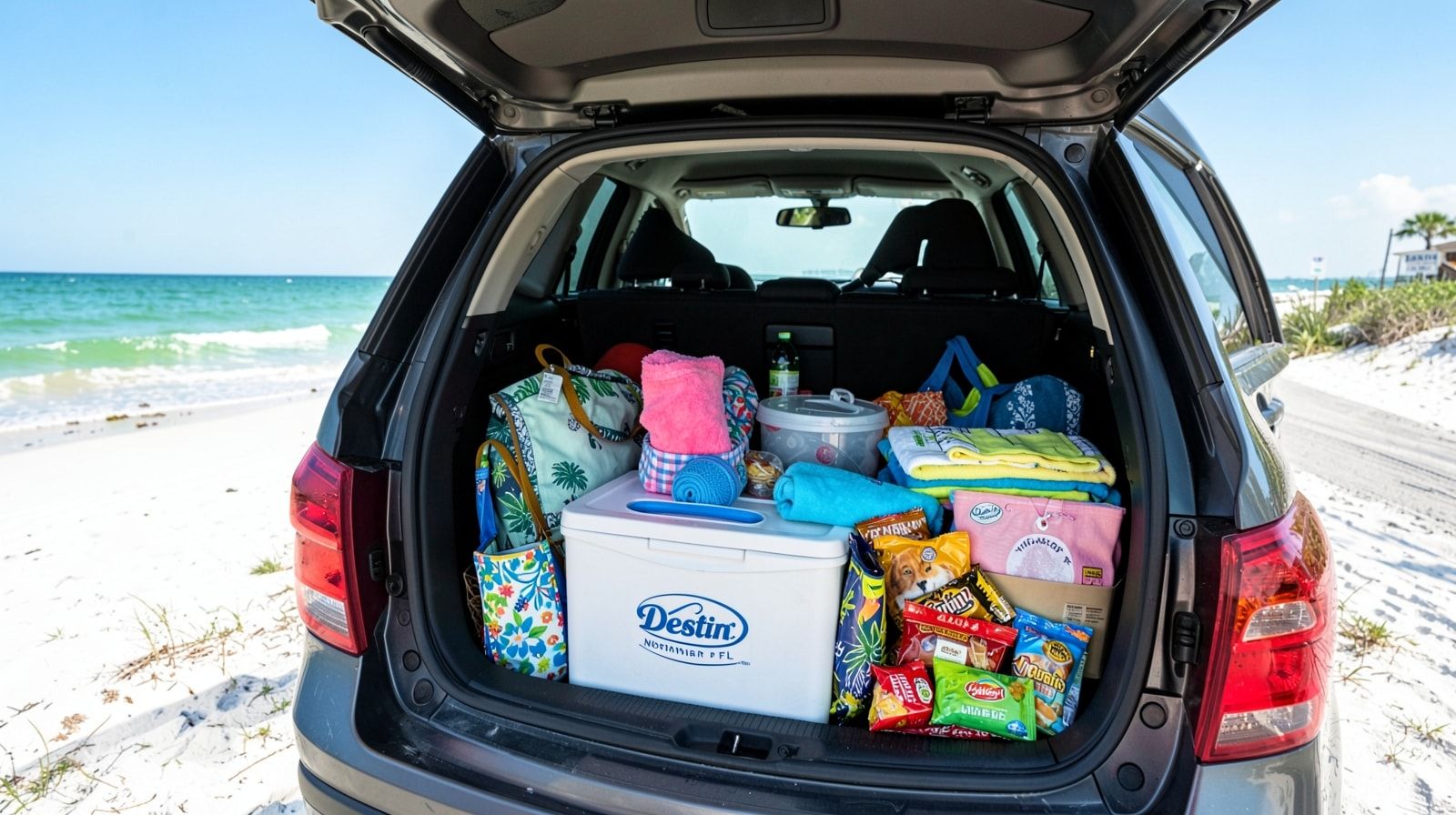 Car trunk neatly packed with beach bags, a cooler, towels, and road trip snacks for a family vacation