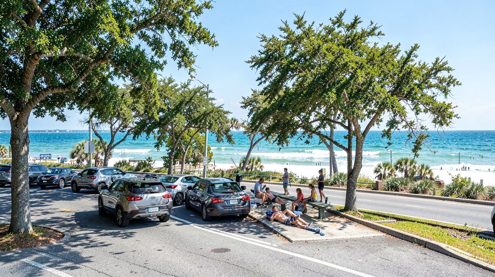Clean interstate rest area with shade trees and families stretching beside their vehicles on a summer road trip