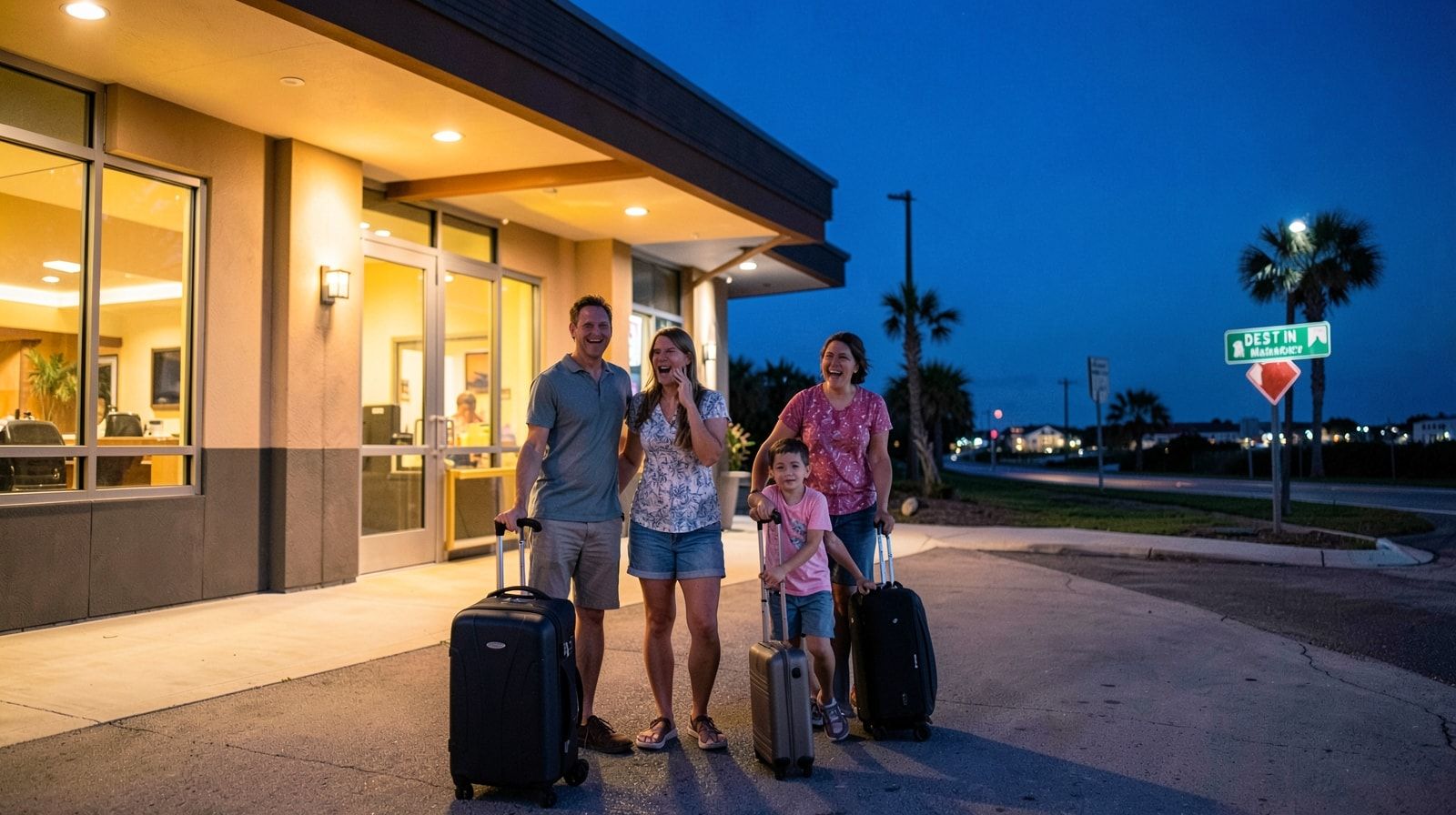 Family of four arriving at a modern Texas roadside hotel at evening with luggage during a two-day road trip to the Gulf Coast