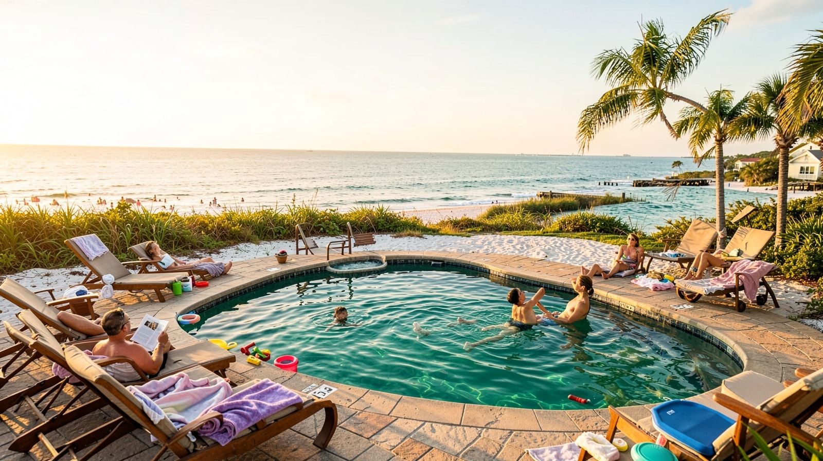 Family relaxing around a private pool at a Florida vacation rental with the Gulf of Mexico visible in the background on a golden afternoon
