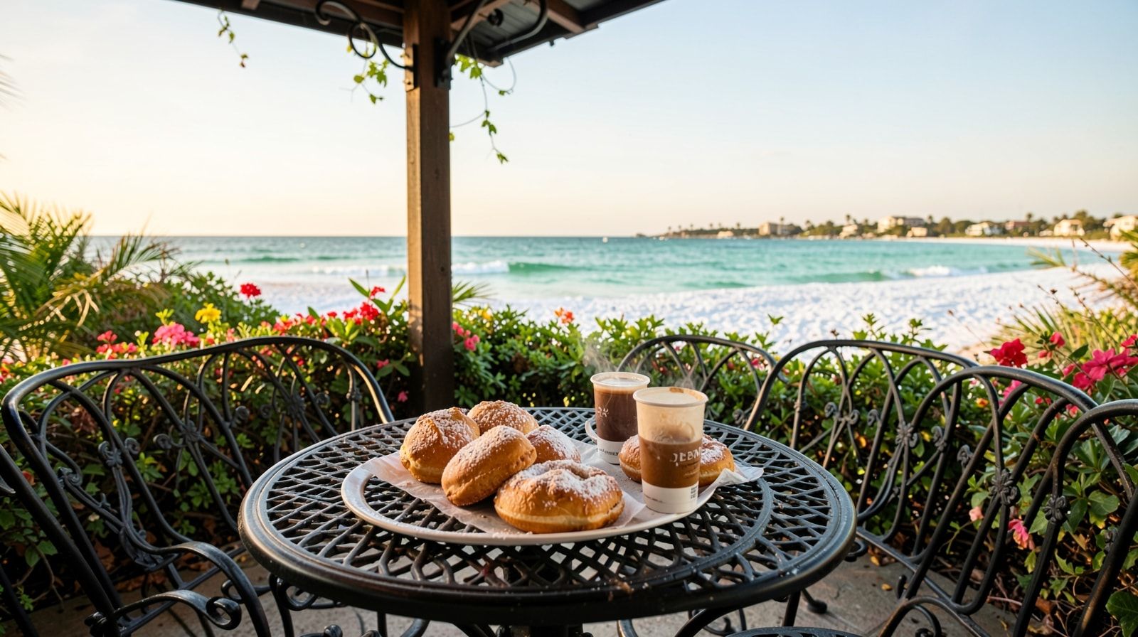 Fresh powdered-sugar beignets and cafe au lait on a wrought-iron table at an outdoor New Orleans cafe on a morning road trip stop