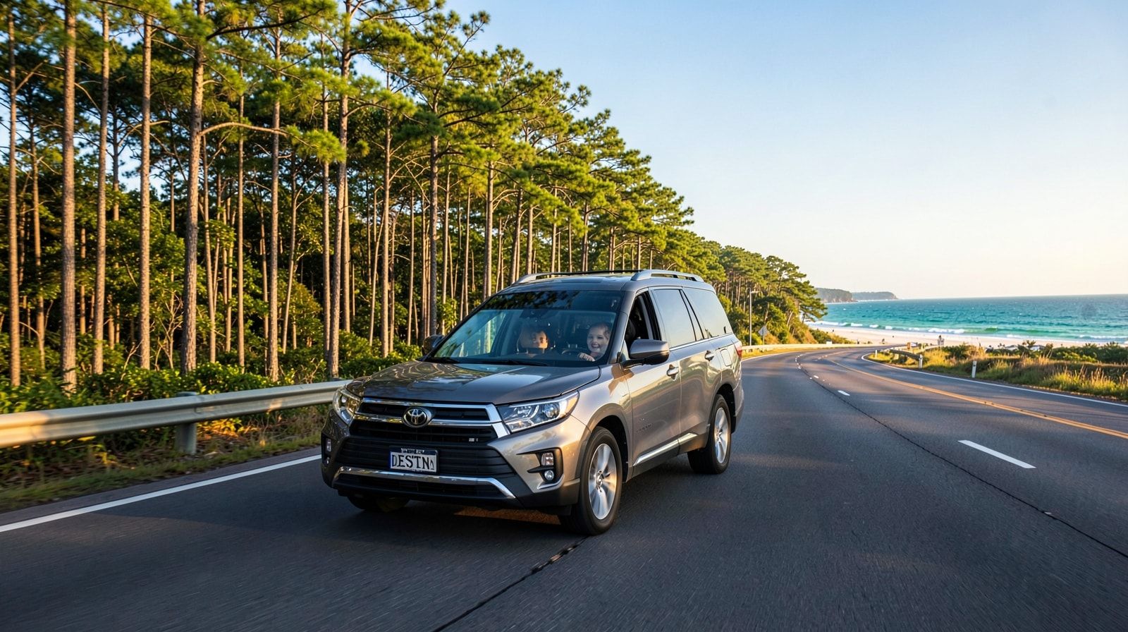 Family SUV on a wide East Texas interstate highway surrounded by pine forests on a clear morning heading toward the Gulf Coast