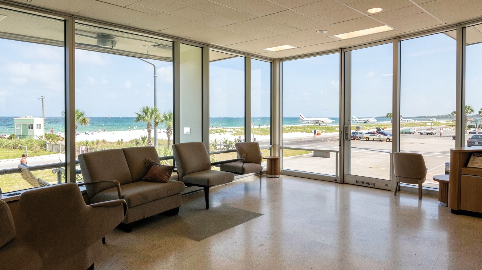 Small regional airport terminal interior with gate seating area and tarmac views through large windows