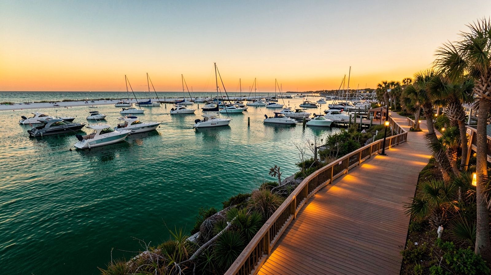 Destin Harbor at golden hour with charter boats and HarborWalk Village boardwalk glowing in warm evening light