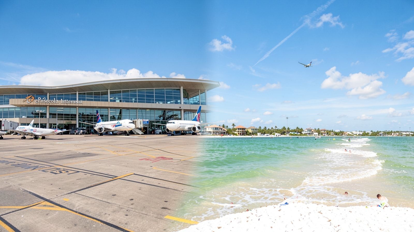 Pensacola International Airport terminal with commercial aircraft on the tarmac on a sunny Florida day