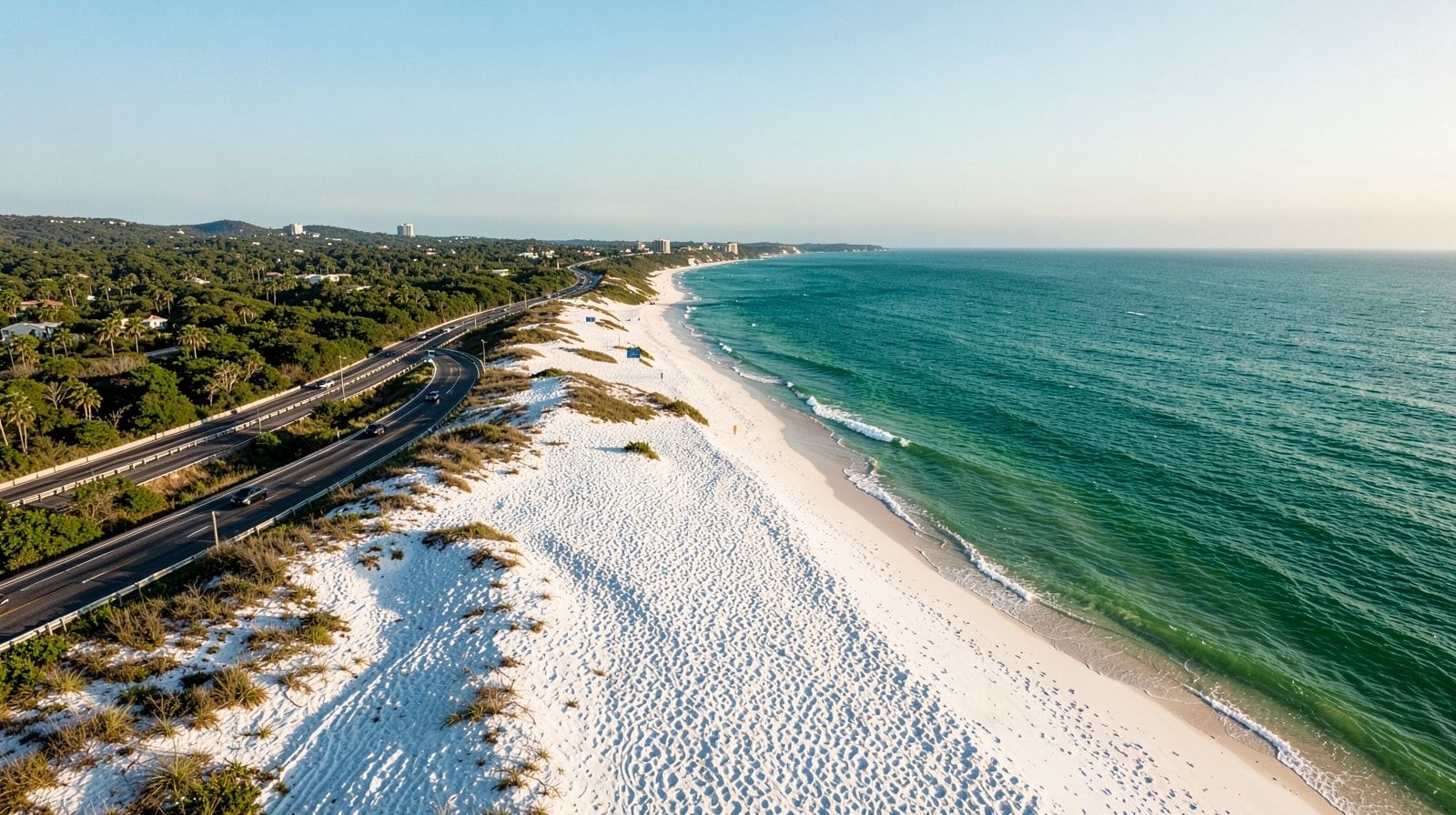 US-98 coastal highway along the Florida Panhandle with Gulf of Mexico and white sand beach visible to the right