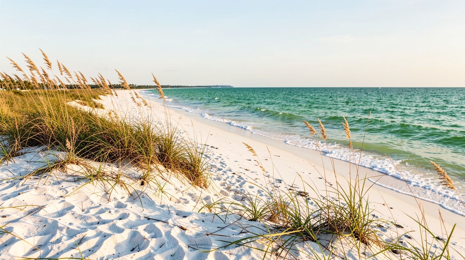 Pristine uncrowded white sand beach at Navarre Beach Florida with emerald water and sea oats on the dunes