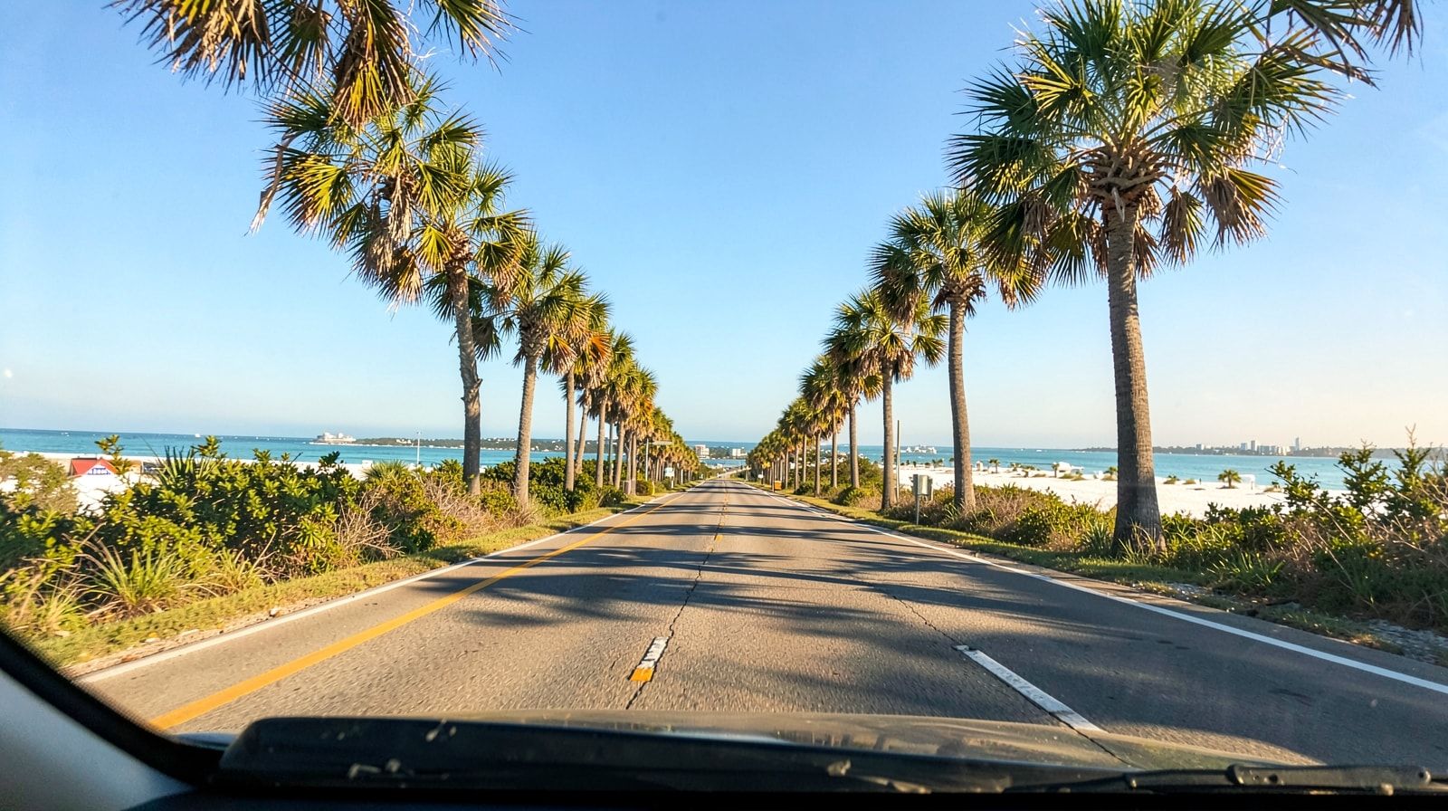 View from car windshield on a Florida panhandle highway in summer afternoon with palm trees and open road